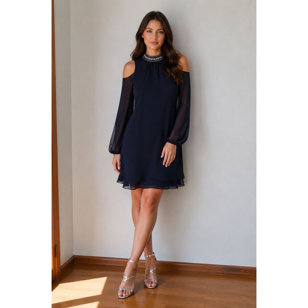 X by Xscape Navy Cold-Shoulder Dress NWT Jeweled Neckline Size 14